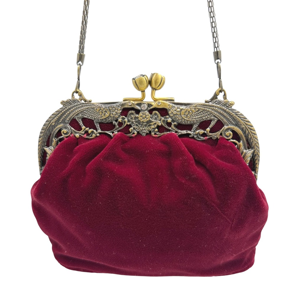 VTG Red Velvet Evening Bag Small Burgundy Ornate Peacock Frame Victorian Regency